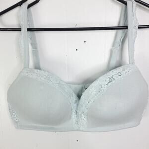 Aerie Bra Womens 38D Organic Cotton Lace Ribbed Comfort Wireless Light Blue